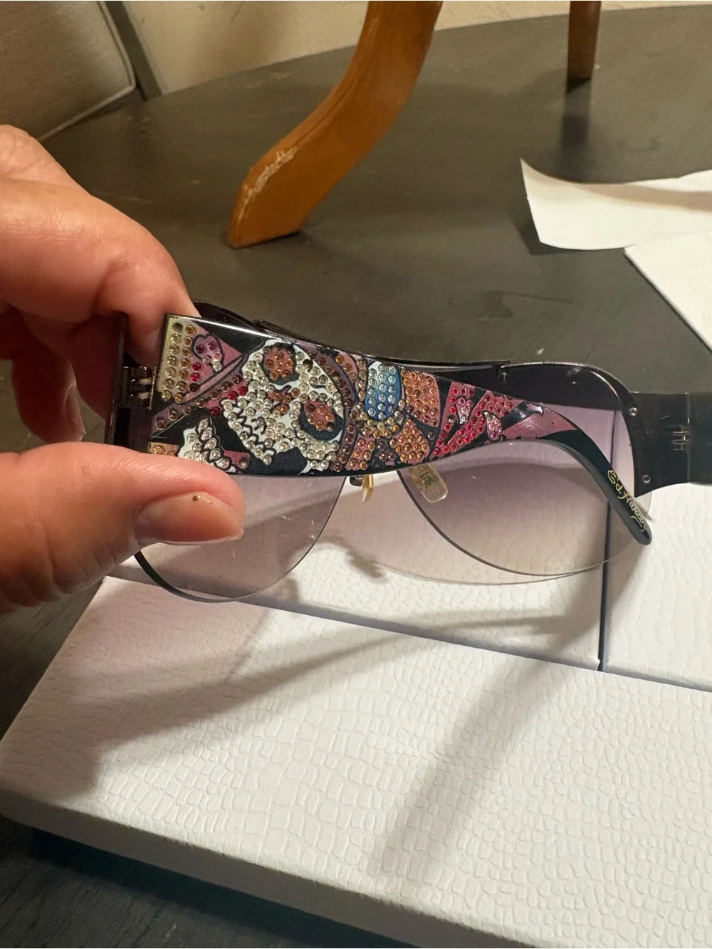 Ed Hardy Purple Gradient Rimless Shield Sunglasses with Gold Brow